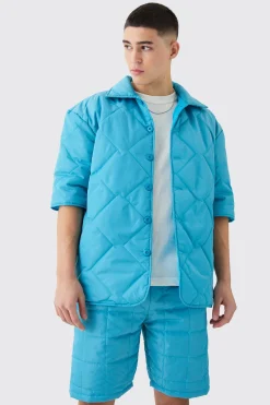 Quilted Square Shirt And Short Set | BoohooMAN UK