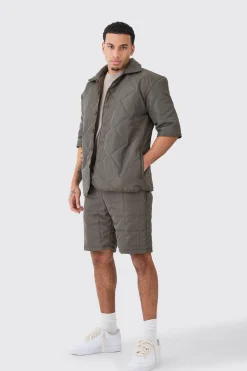 Quilted Square Shirt And Short Set | BoohooMAN UK