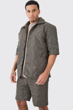 Quilted Square Shirt And Short Set | BoohooMAN UK