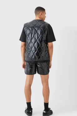 Quilted Vest And Short High Shine Set | BoohooMAN UK