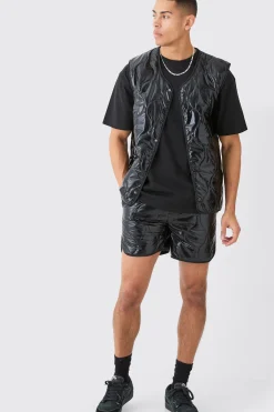 Quilted Vest And Short High Shine Set | BoohooMAN UK