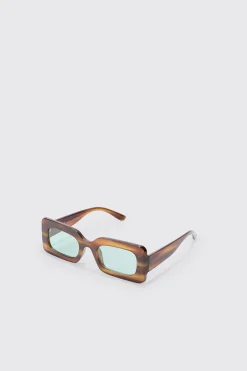 Rectangular Abstract Resin Rectangular Sunglasses In Brown | BoohooMAN UK