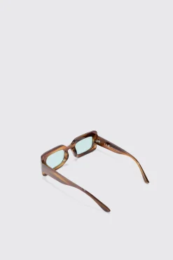 Rectangular Abstract Resin Rectangular Sunglasses In Brown | BoohooMAN UK