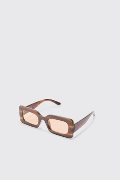 Rectangular Abstract Resin Rectangular Sunglasses In Brown | BoohooMAN UK