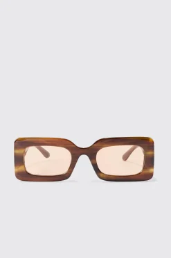 Rectangular Abstract Resin Rectangular Sunglasses In Brown | BoohooMAN UK