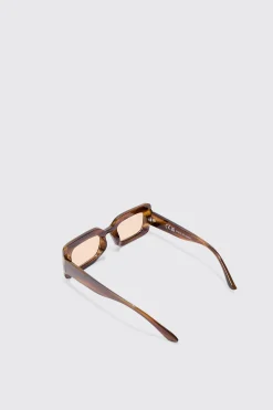 Rectangular Abstract Resin Rectangular Sunglasses In Brown | BoohooMAN UK