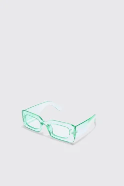 Rectangular Clear Plastic Sunglasses In Green | BoohooMAN UK