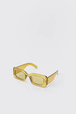 Rectangular Clear Plastic Sunglasses In Khaki | BoohooMAN UK