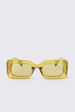 Rectangular Clear Plastic Sunglasses In Khaki | BoohooMAN UK