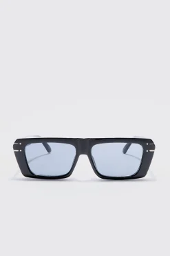 Rectangular Metal Frame Sunglasses In Black | BoohooMAN UK