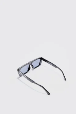 Rectangular Metal Frame Sunglasses In Black | BoohooMAN UK