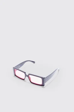 Rectangular Plastic Contrast Lens Sunglasses In Black | BoohooMAN UK