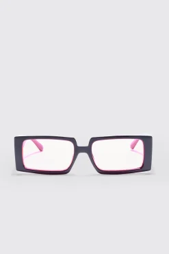 Rectangular Plastic Contrast Lens Sunglasses In Black | BoohooMAN UK