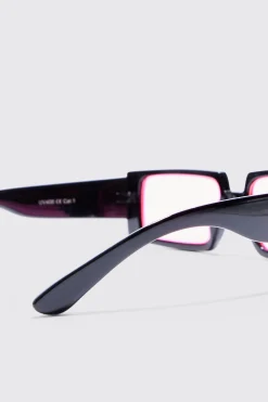 Rectangular Plastic Contrast Lens Sunglasses In Black | BoohooMAN UK