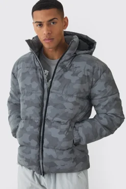 Reflective Camo Hooded Puffer Coat | BoohooMAN UK
