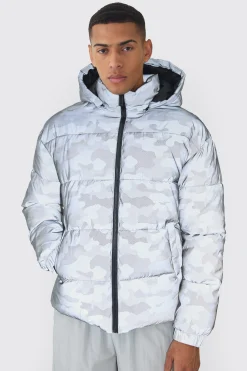 Reflective Camo Hooded Puffer Coat | BoohooMAN UK