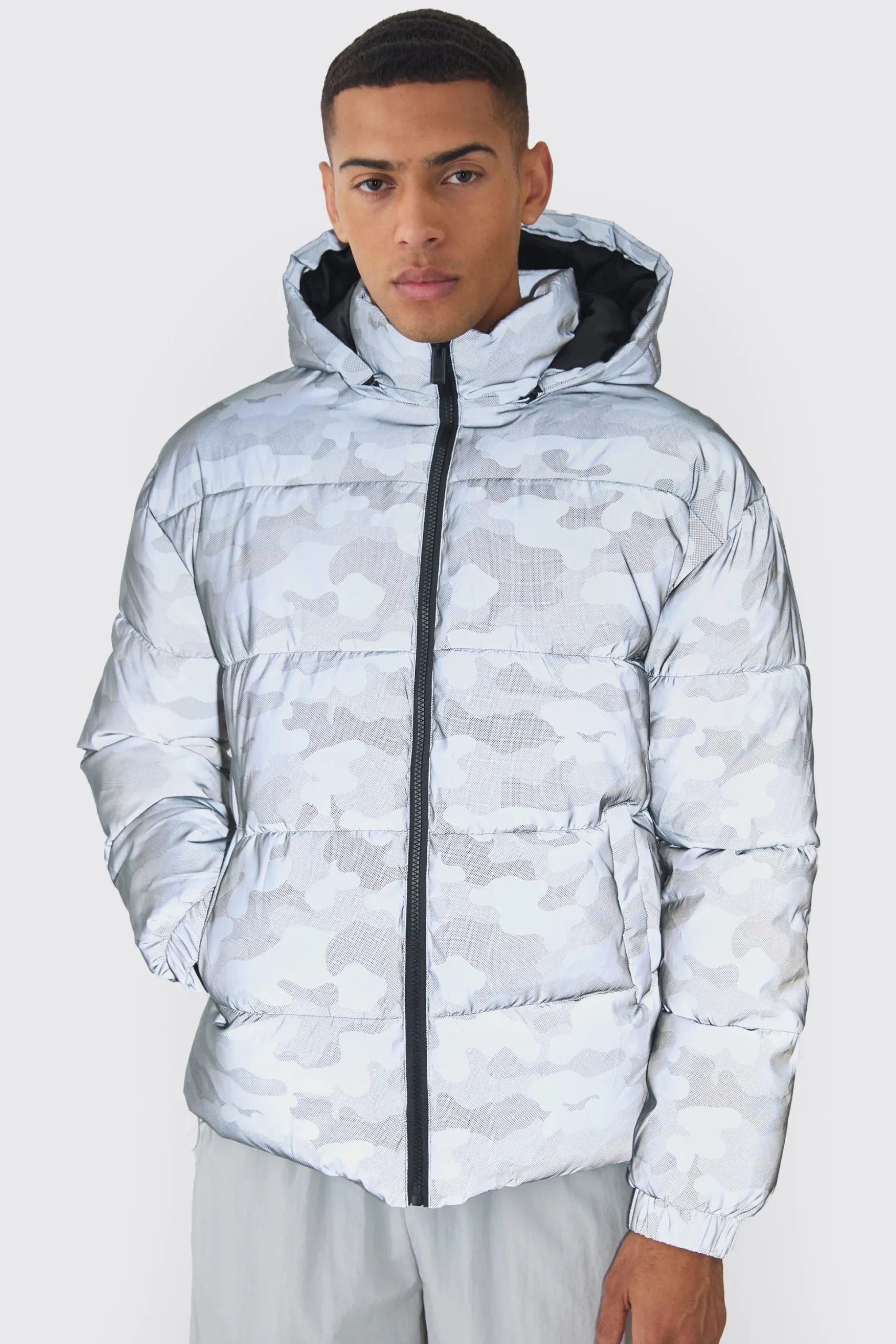 Reflective Camo Hooded Puffer Coat | BoohooMAN UK