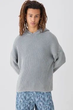 Regular Acid Wash Ribbed Knit Hoodie In Grey | BoohooMAN UK