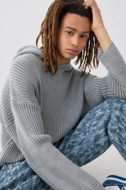 Regular Acid Wash Ribbed Knit Hoodie In Grey | BoohooMAN UK