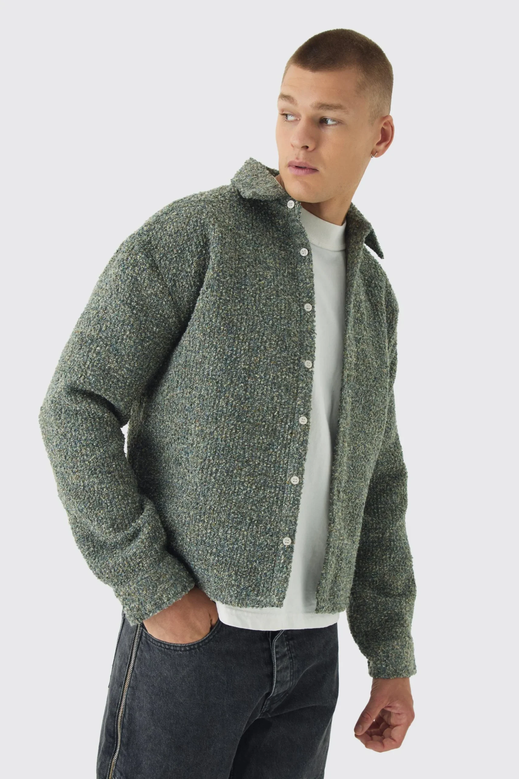 Regular Boucle Overshirt | BoohooMAN UK