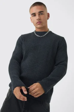 Regular Crew Neck Plated Ribbed Knit Jumper | BoohooMAN UK