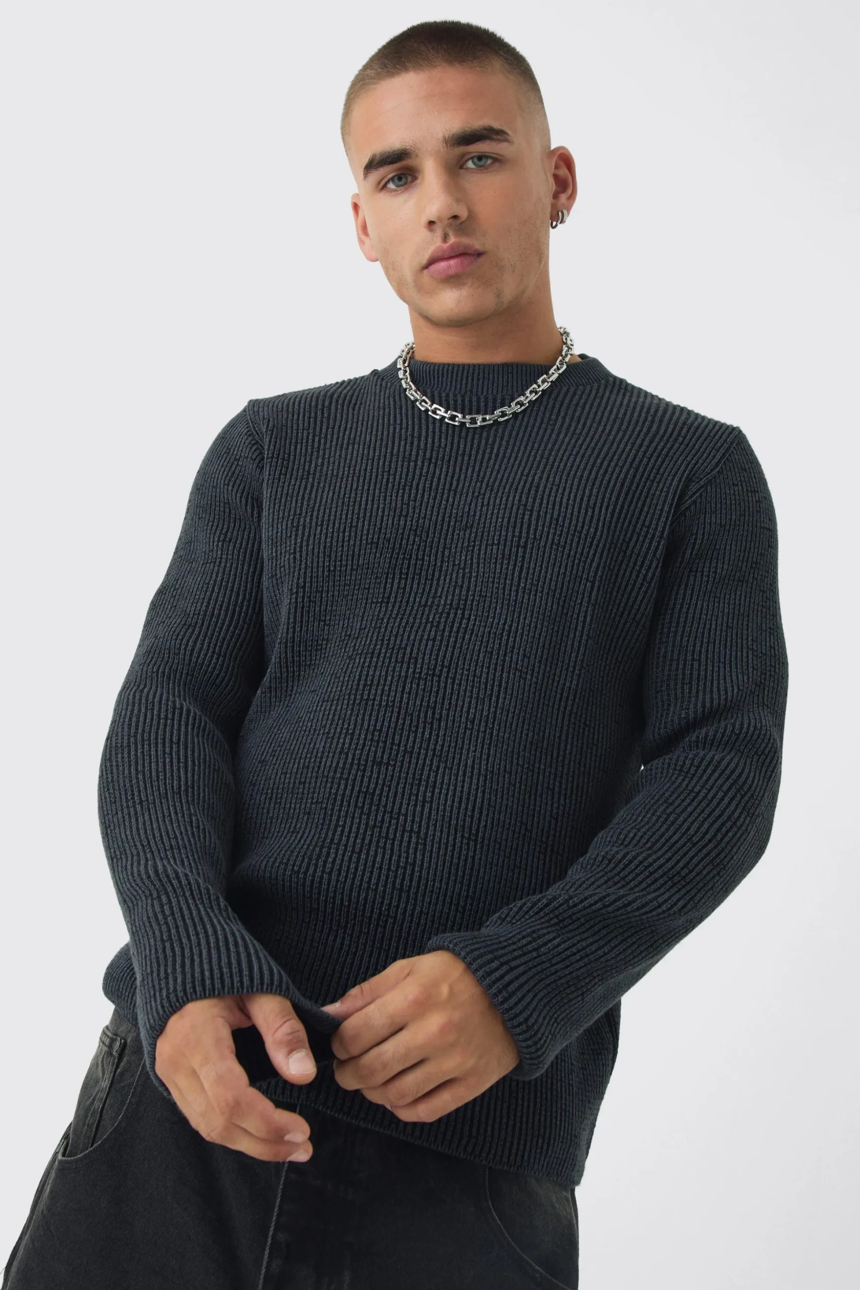 Regular Crew Neck Plated Ribbed Knit Jumper | BoohooMAN UK