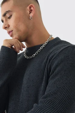 Regular Crew Neck Plated Ribbed Knit Jumper | BoohooMAN UK