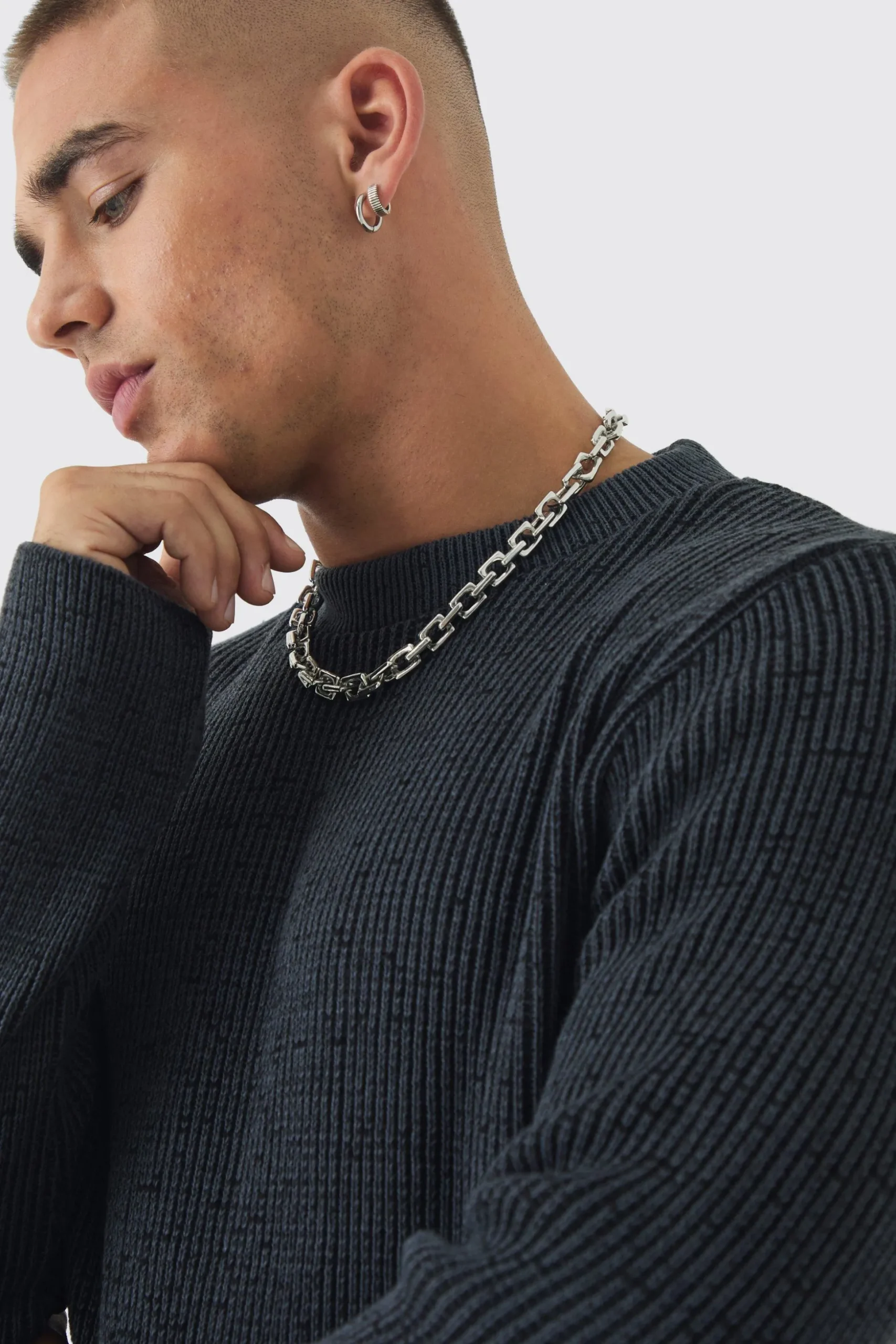 Regular Crew Neck Plated Ribbed Knit Jumper | BoohooMAN UK
