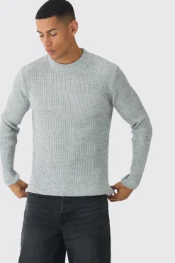 Regular Crew Neck Plated Ribbed Knit Jumper | BoohooMAN UK