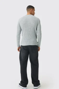 Regular Crew Neck Plated Ribbed Knit Jumper | BoohooMAN UK