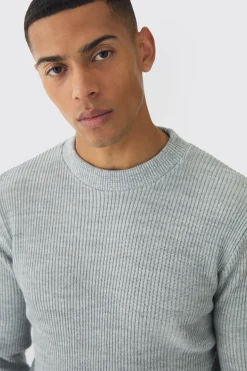 Regular Crew Neck Plated Ribbed Knit Jumper | BoohooMAN UK