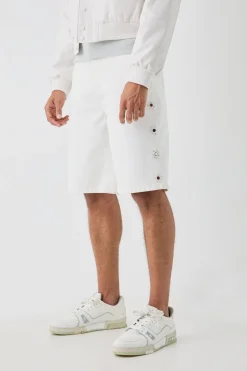 Regular Embellished Jorts With Woven Label | BoohooMAN UK