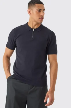 Regular Fit 1/4 Zip Knitted Polo | BoohooMAN UK