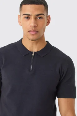 Regular Fit 1/4 Zip Knitted Polo | BoohooMAN UK