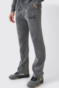 Regular Fit Acid Wash Ribbed Knitted Joggers | BoohooMAN UK