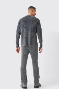 Regular Fit Acid Wash Ribbed Knitted Joggers | BoohooMAN UK