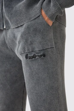 Regular Fit Acid Wash Ribbed Knitted Joggers | BoohooMAN UK
