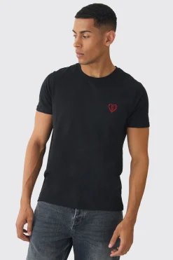Regular Fit Broken Heart Embroidered T-shirt | BoohooMAN UK