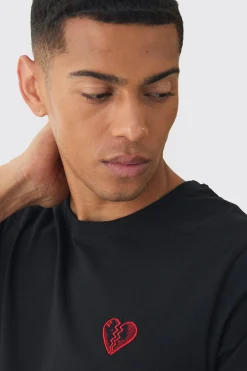 Regular Fit Broken Heart Embroidered T-shirt | BoohooMAN UK