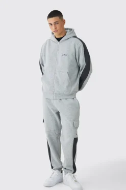 Regular Fit Colour Block Cargo Pocket Zip Through Hooded Tracksuit | BoohooMAN UK