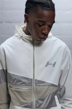 Regular Fit Crinkle Nylon Panelled Funnel Neck Hoodie | BoohooMAN UK