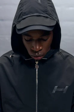 Regular Fit Crinkle Nylon Panelled Funnel Neck Hoodie | BoohooMAN UK