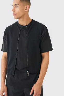 Regular Fit Dual Zip Bomber Knitted Gilet | BoohooMAN UK