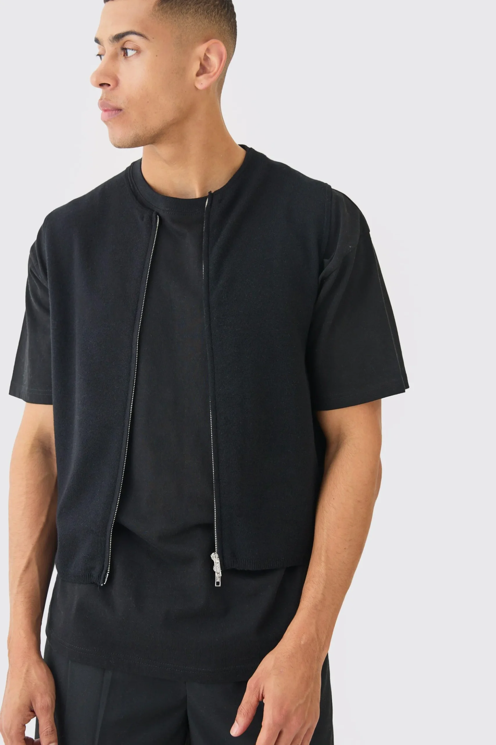 Regular Fit Dual Zip Bomber Knitted Gilet | BoohooMAN UK