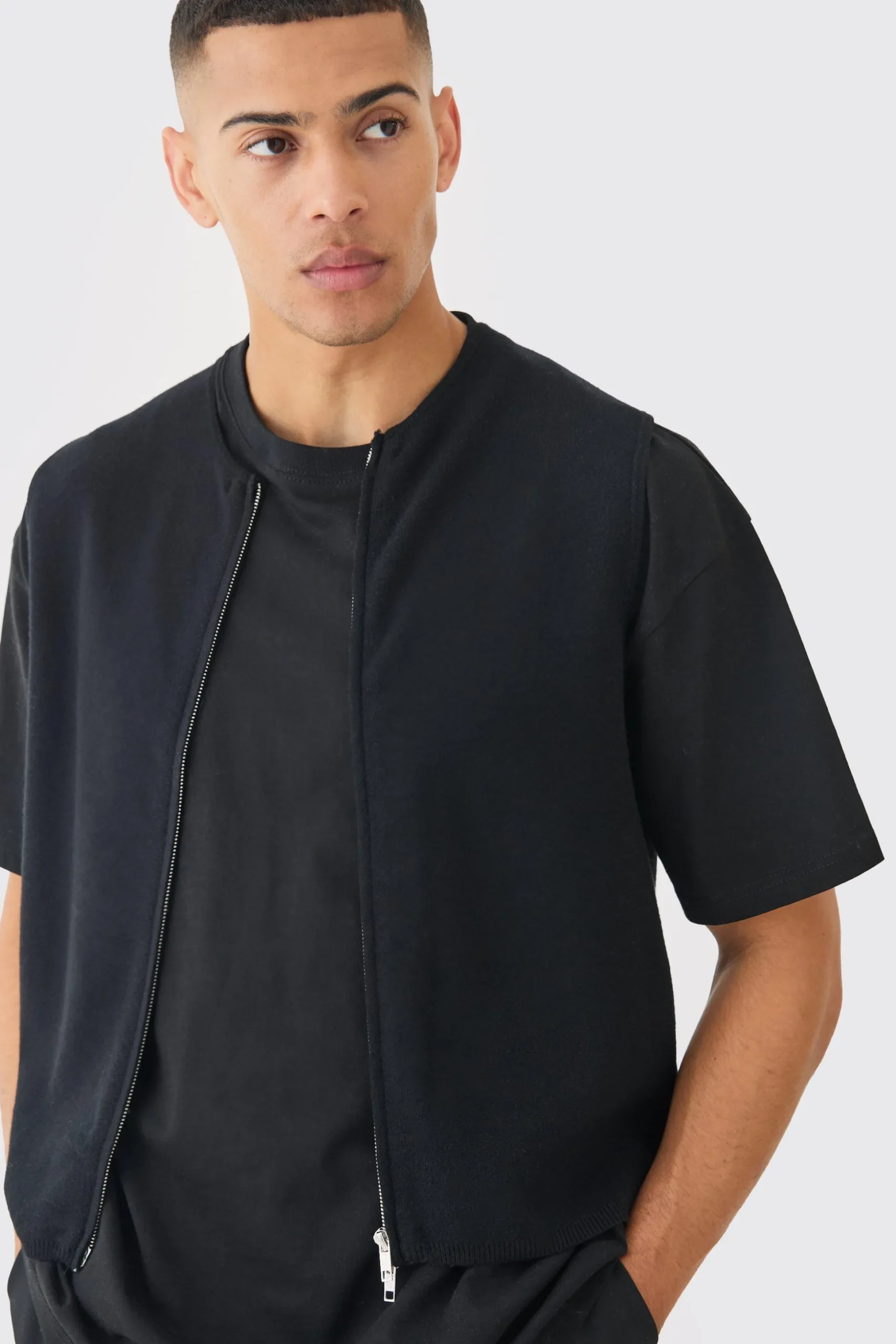 Regular Fit Dual Zip Bomber Knitted Gilet | BoohooMAN UK