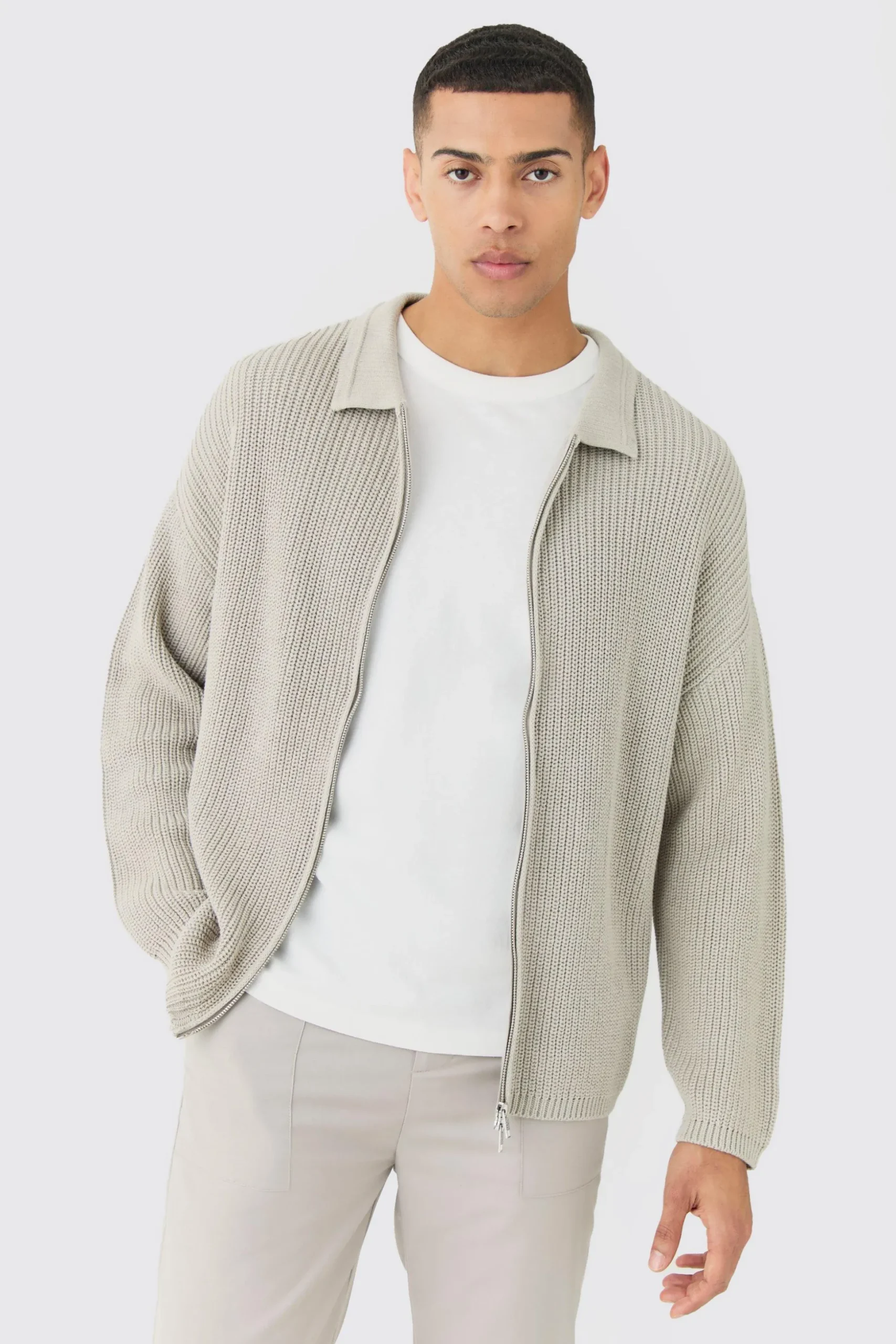Regular Fit Dual Zip Through Fisherman Knit Jumper | BoohooMAN UK