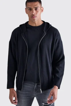 Regular Fit Dual Zip Through Knitted Hoodie | BoohooMAN UK