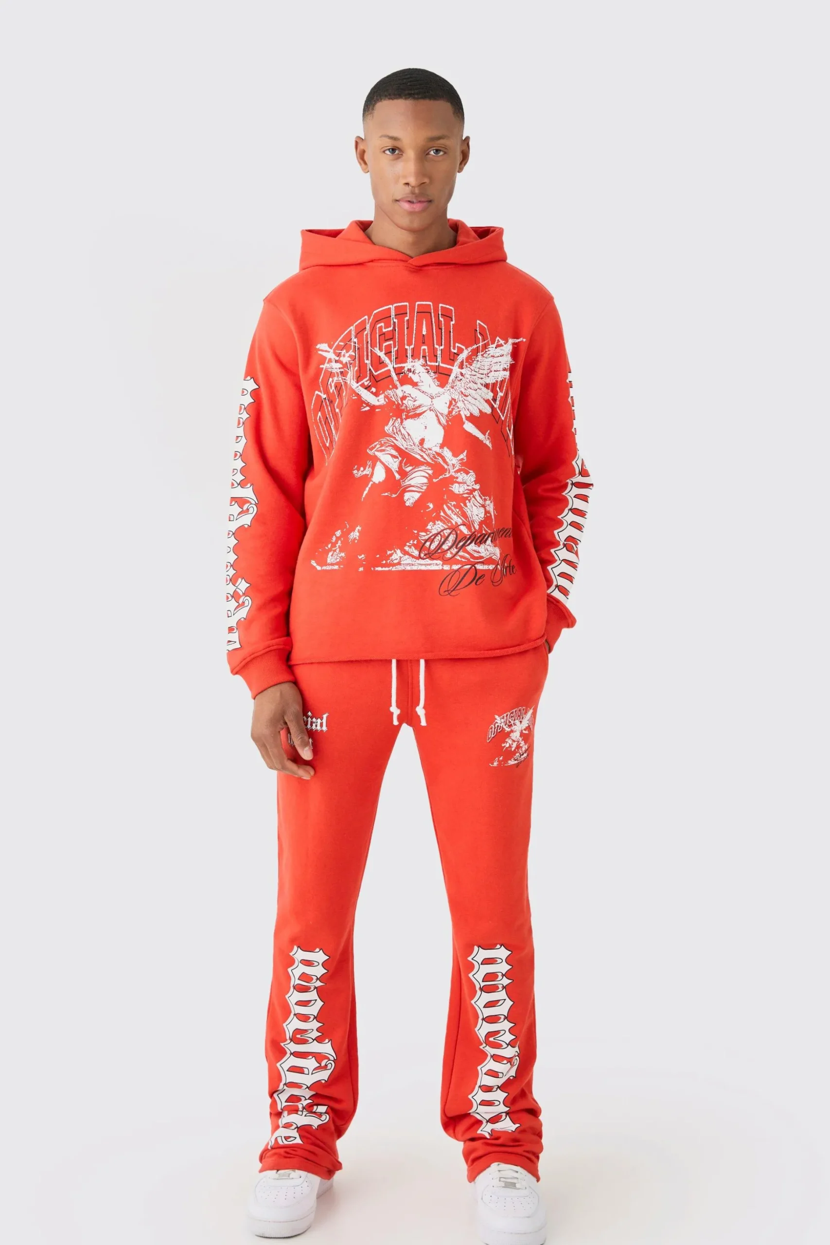 Regular Fit Large Graphic Raw Hem Flared Tracksuit | BoohooMAN UK
