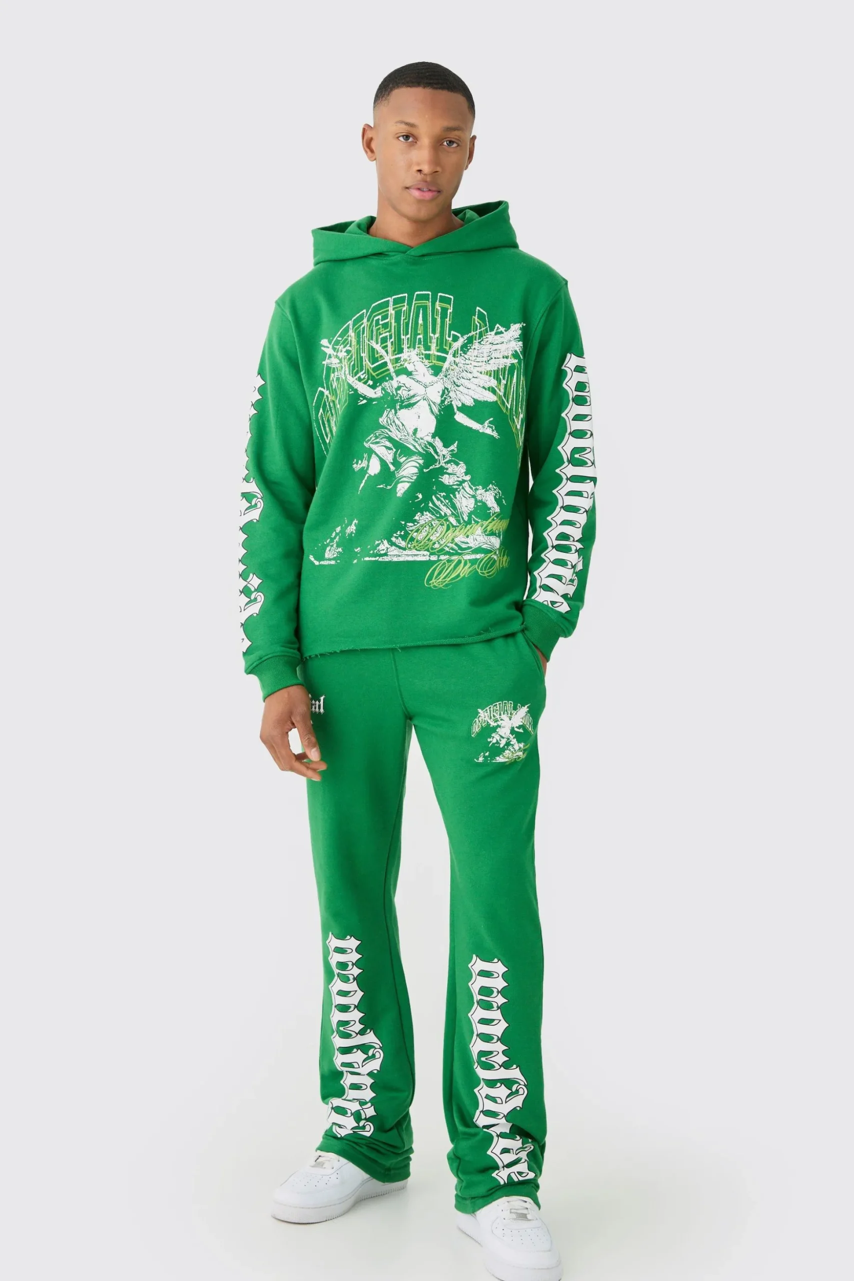 Regular Fit Large Graphic Raw Hem Flared Tracksuit | BoohooMAN UK