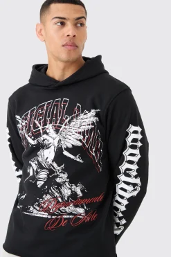 Regular Fit Large Graphic Raw Hem Hoodie | BoohooMAN UK
